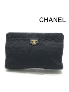 Chanel Quilted CC Logo Cotton Leather Clutch Second Formal Black